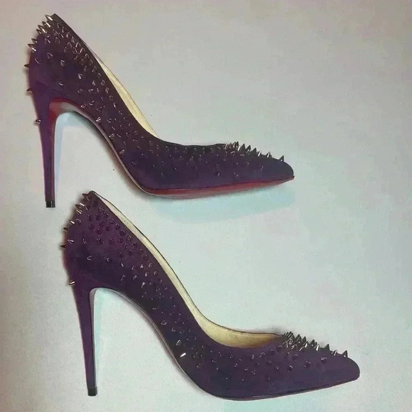 CHRISTIAN LOUBOUTIN Suede Velour Studded Spike Pumps 36 6 100 High Heels Merlot - Picture 7 of 12